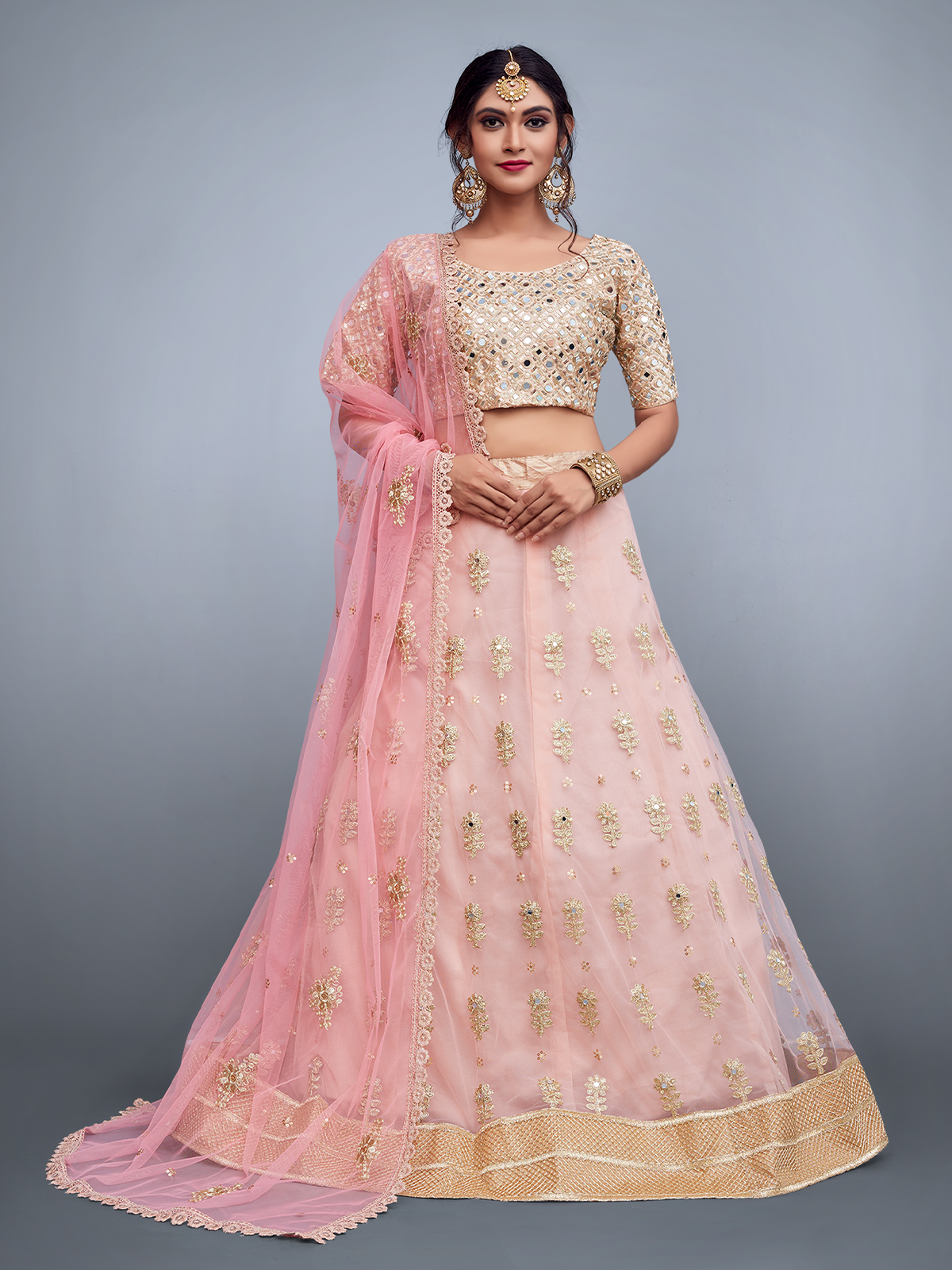 Odette Women Pink Embroidered Art Silk Semi Stitched Lehenga With Unstitched Blouse