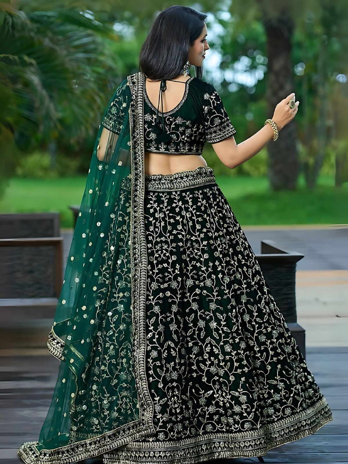 Odette Green Velvet Embroidered Semi-Stitched Lehenga For Women