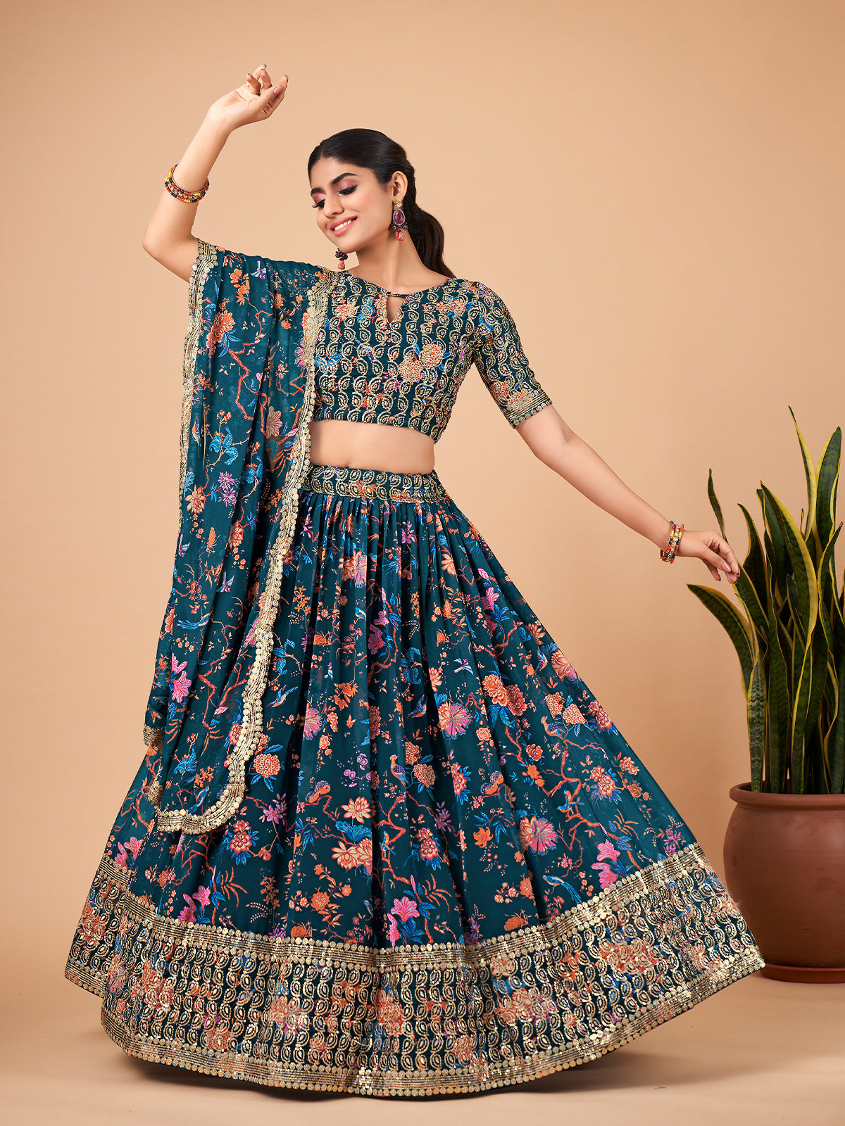 Odette Women Teal Printed And Embroidered Semi Stitched Lehenga With  Unstitched Blouse