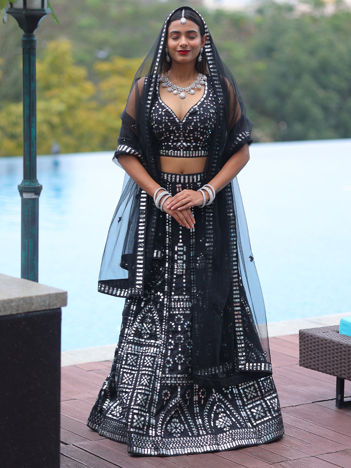 Odette Black Silk Blend Semi Stitched Lehenga With Unstitched Blouse For Women