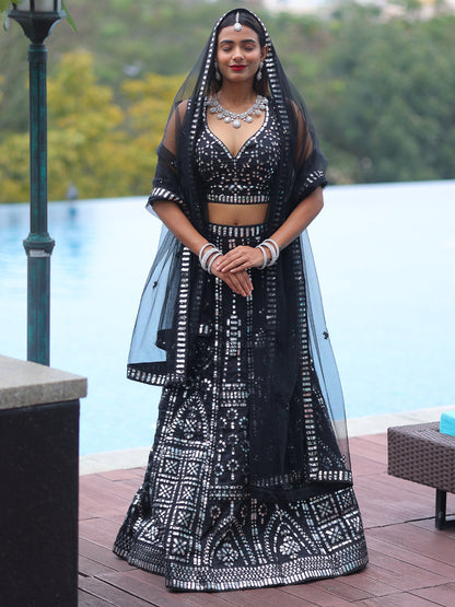 Odette Black Silk Blend Semi Stitched Lehenga With Unstitched Blouse For Women