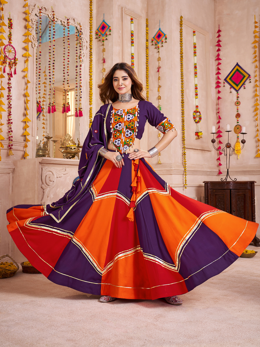 Odette Multicolor Viscose Cotton Embroidered Semi-Stitched Lehenga Choli For Women