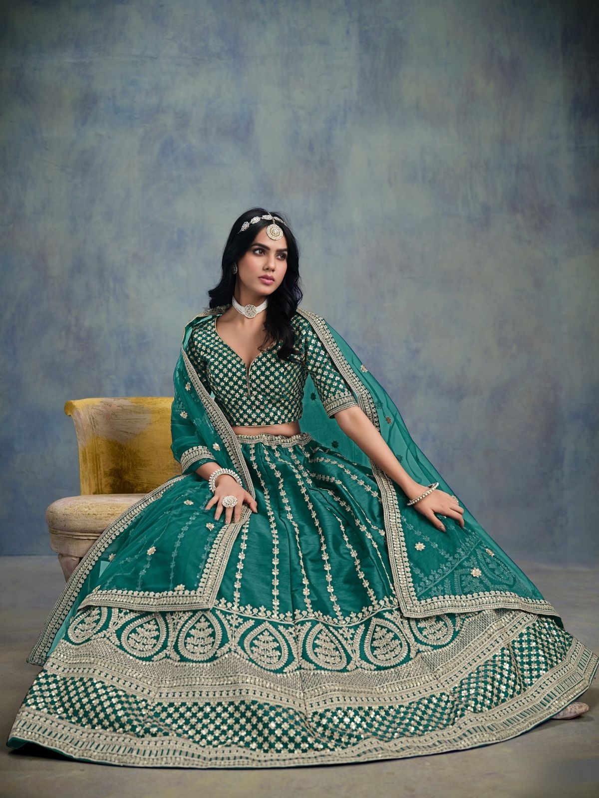 Odette Teal Green Art Silk Embellished Semi-Stitched lehenga For Women
