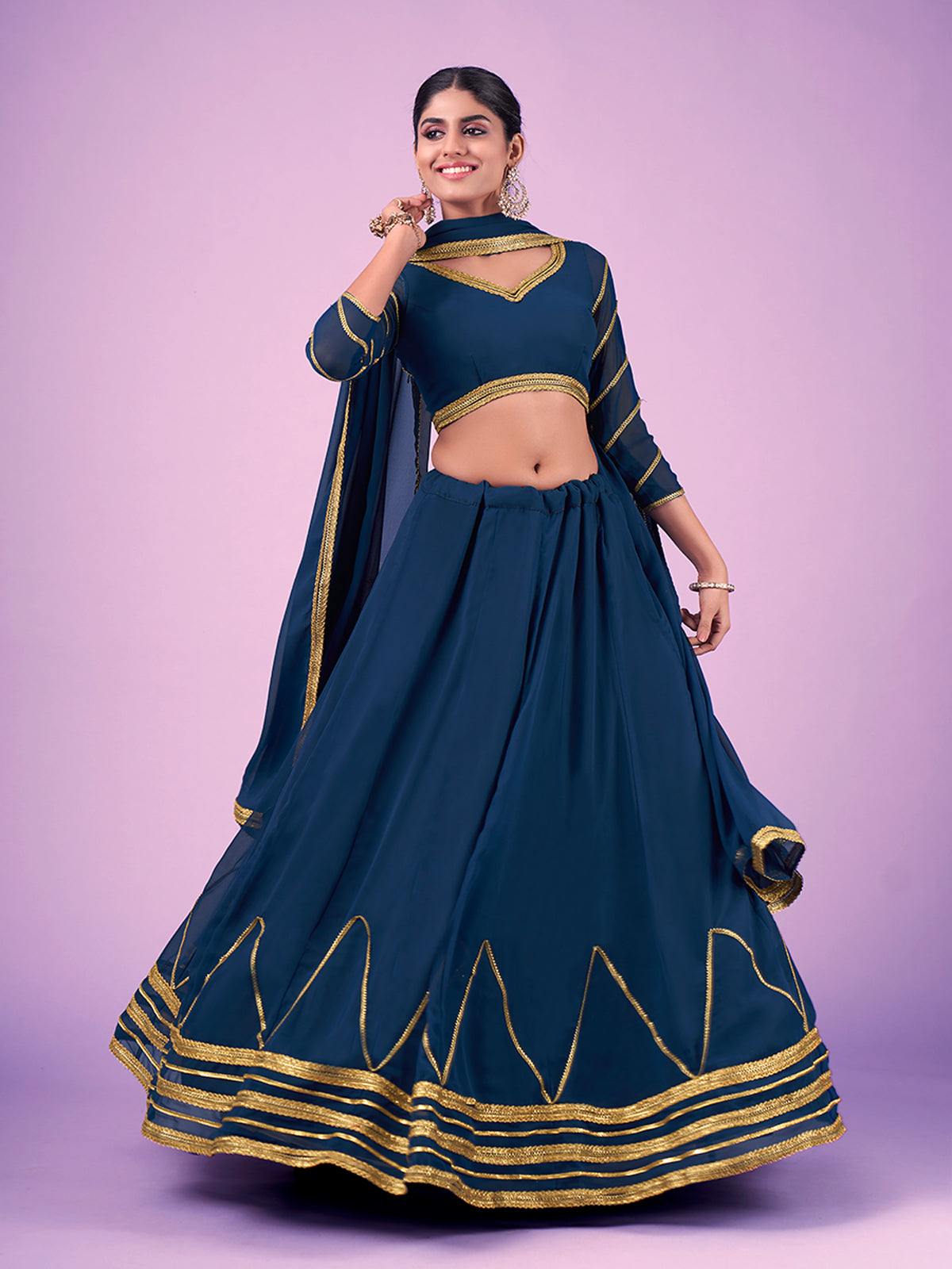 Odette Navy Blue Embellished Georgette Semi Stitched Lehenga With Blouse For Women