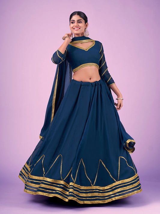 Odette Navy Blue Embellished Georgette Semi Stitched Lehenga With Blouse For Women