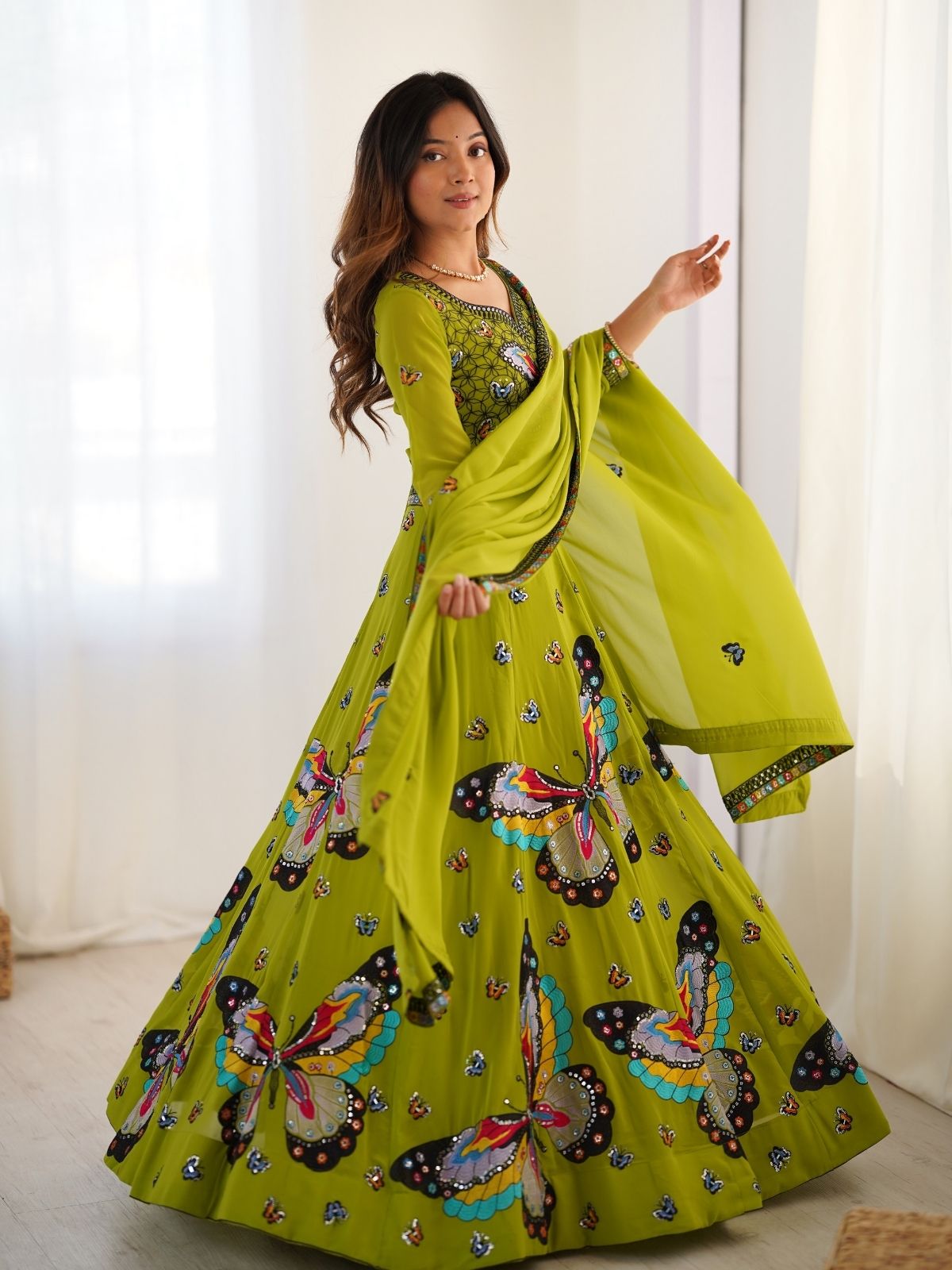 Odette Green Georgette Embroidered Semi-Stitched lehenga For Women