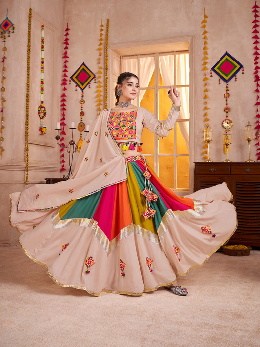 Odette Multicolor Viscose Cotton Embroidered Semi-Stitched Lehenga Choli For Women
