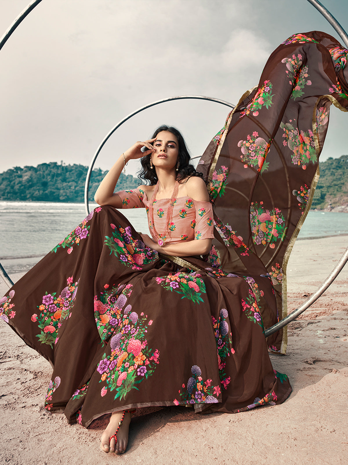 Odette Brown Printed Organza Semi Stitched Lehenga With Blouse For Women