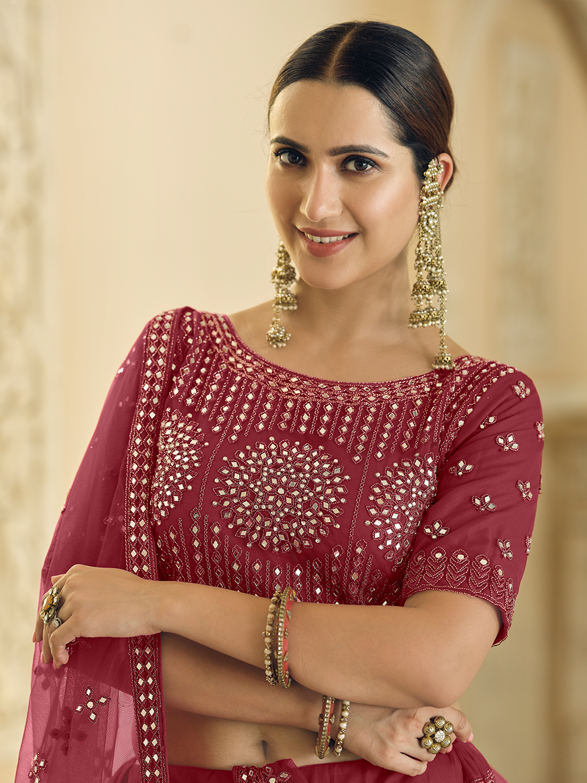 Odette Women Maroon Soft Net Semi Stitched Lehenga With Unstitched Blouse