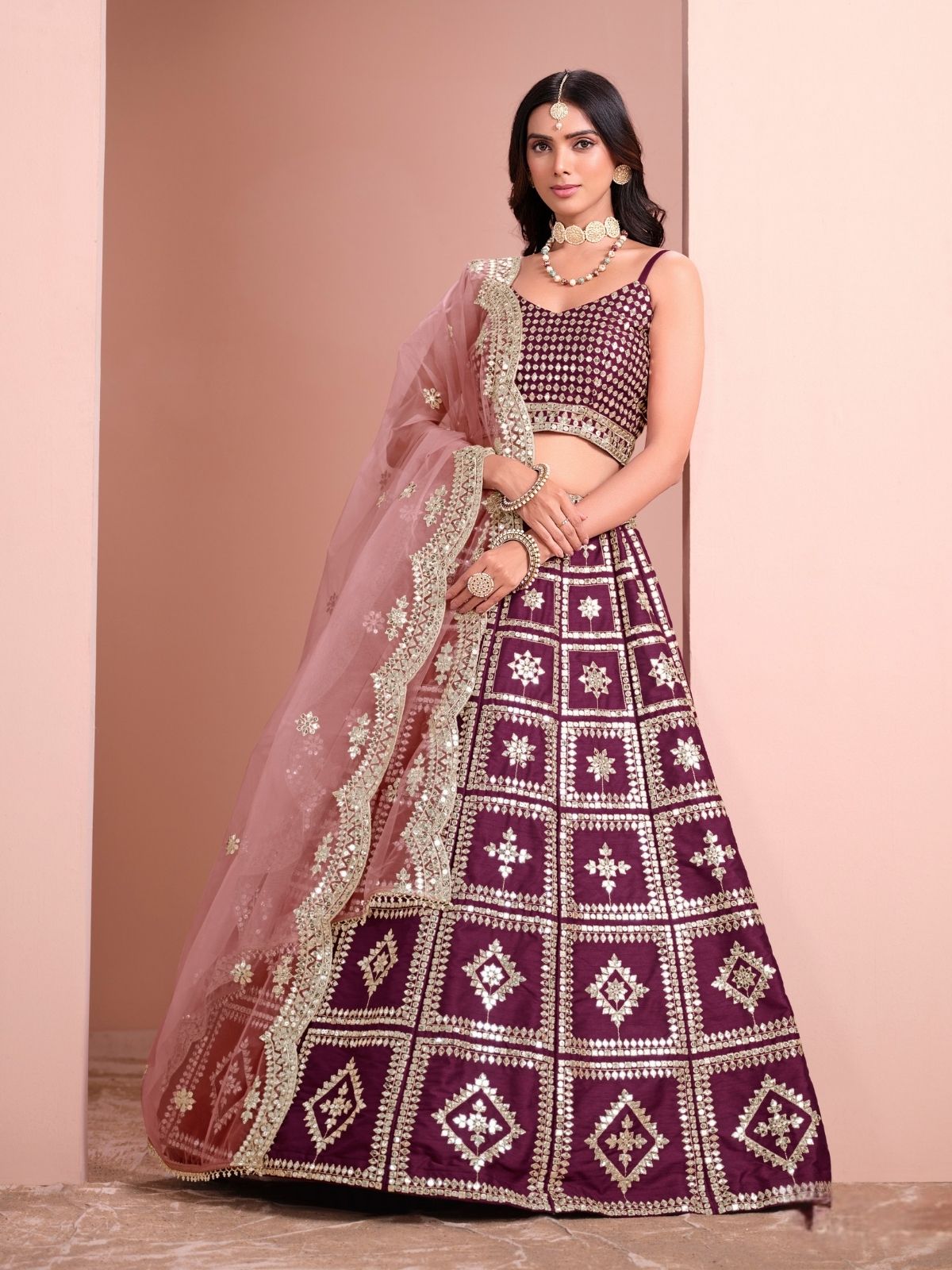 Odette Wine Art Silk Embellished Semi-Stitched lehenga For Women