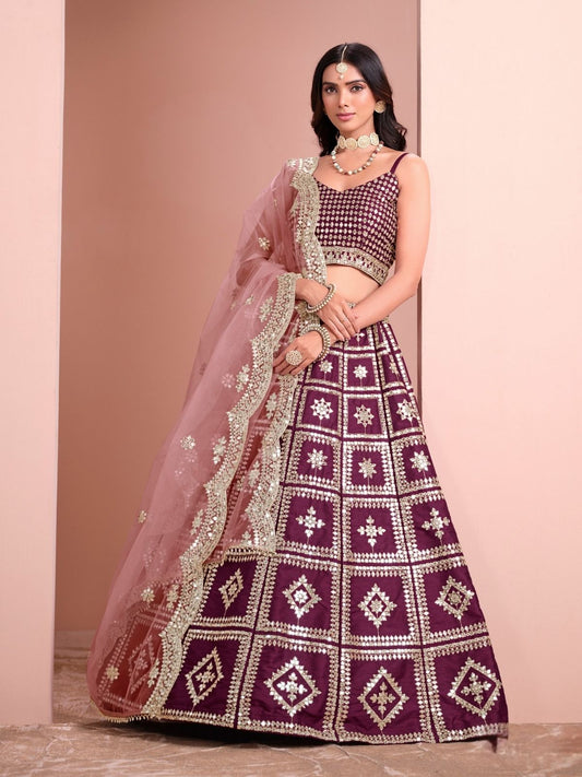 Odette Wine Art Silk Embellished Semi-Stitched lehenga For Women