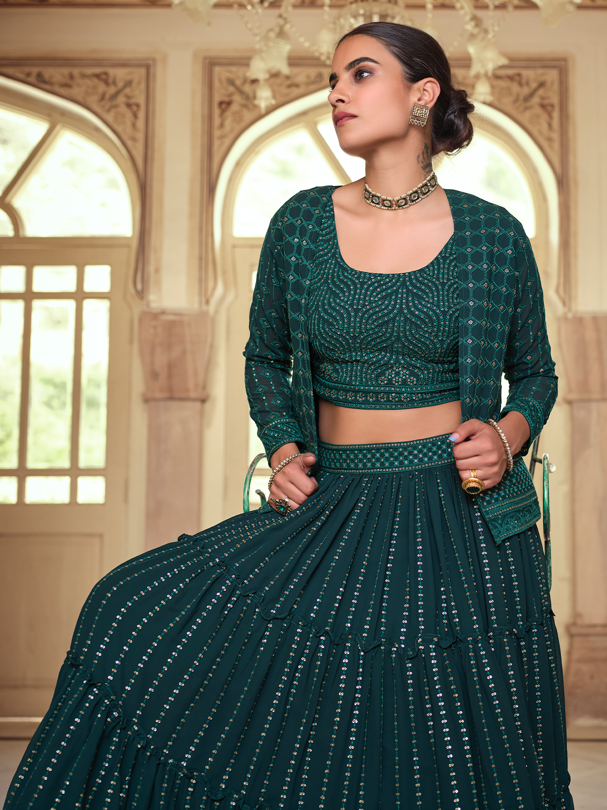 Odette Women Dark Green Embroidered Georgette Semi Stitched Lehenga With Unstitched Blouse