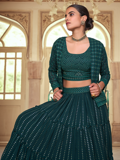 Odette Women Dark Green Embroidered Georgette Semi Stitched Lehenga With Unstitched Blouse