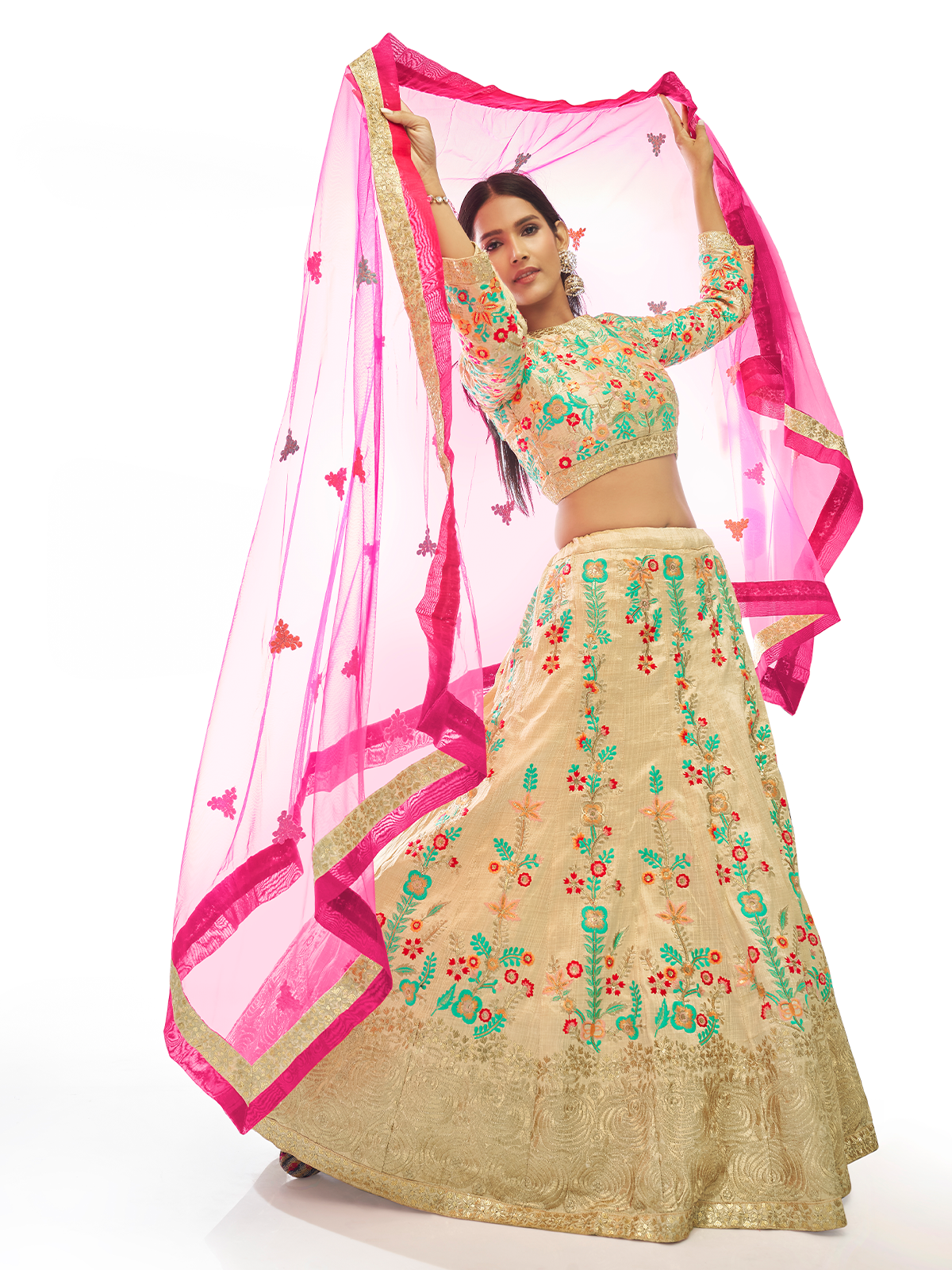 Odette Women Beige Embroidered Semi Stitched Lehenga With Unstitched Blouse