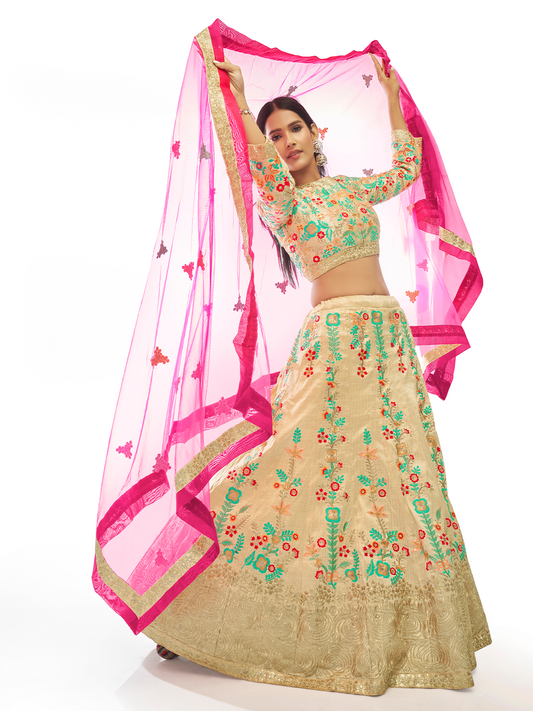 Odette Women Beige Embroidered Semi Stitched Lehenga With Unstitched Blouse