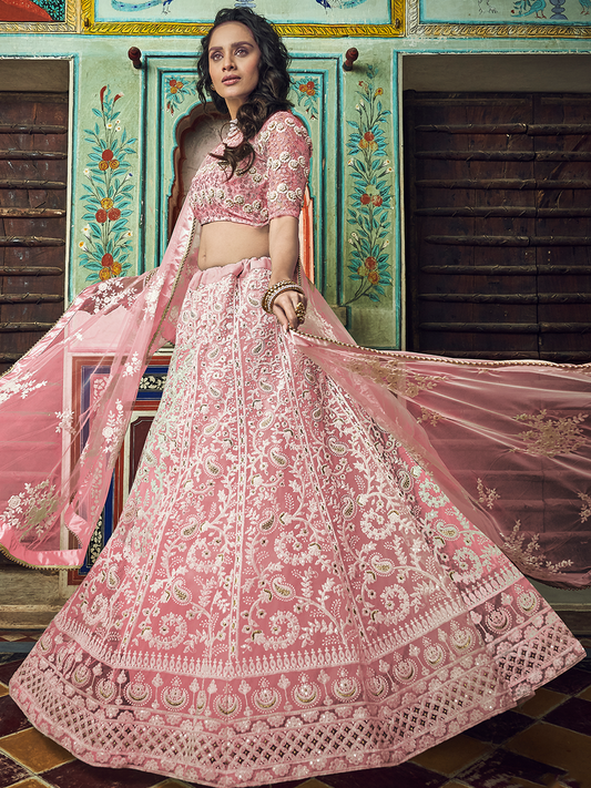 Odette Women Pink Embroidered Soft Net Semi Stitched Lehenga With Unstitched Blouse