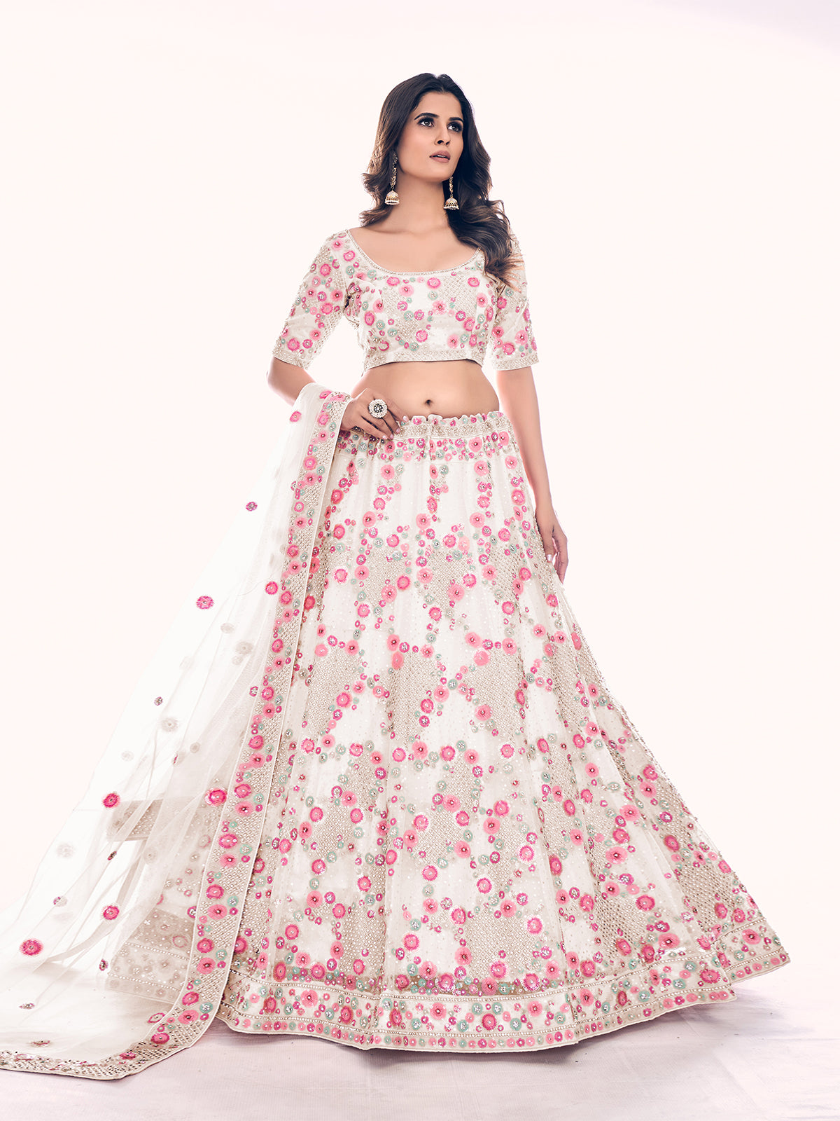 Odette White Embroidered Soft Net Semi Stitched Lehenga With Blouse For Women