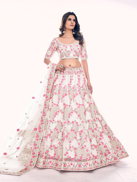 Odette White Embroidered Soft Net Semi Stitched Lehenga With Blouse For Women