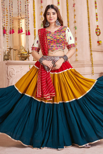 Multi Colored Viscose Cotton Flared Chaniya Choli with Lampi Border