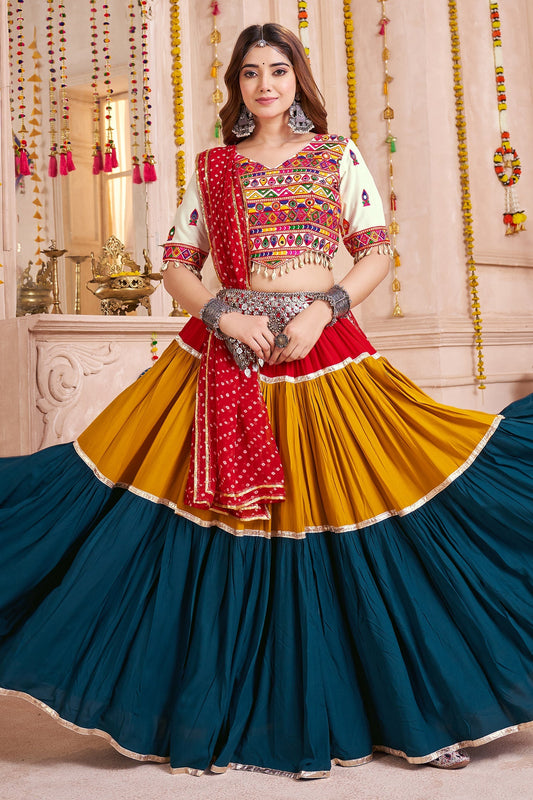 Multi Colored Viscose Cotton Flared Chaniya Choli with Lampi Border