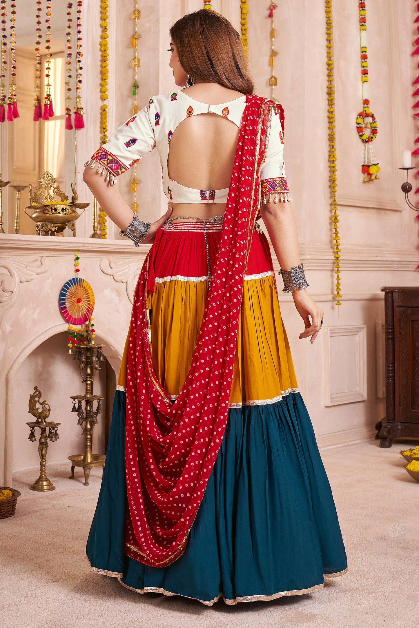Multi Colored Viscose Cotton Flared Chaniya Choli with Lampi Border