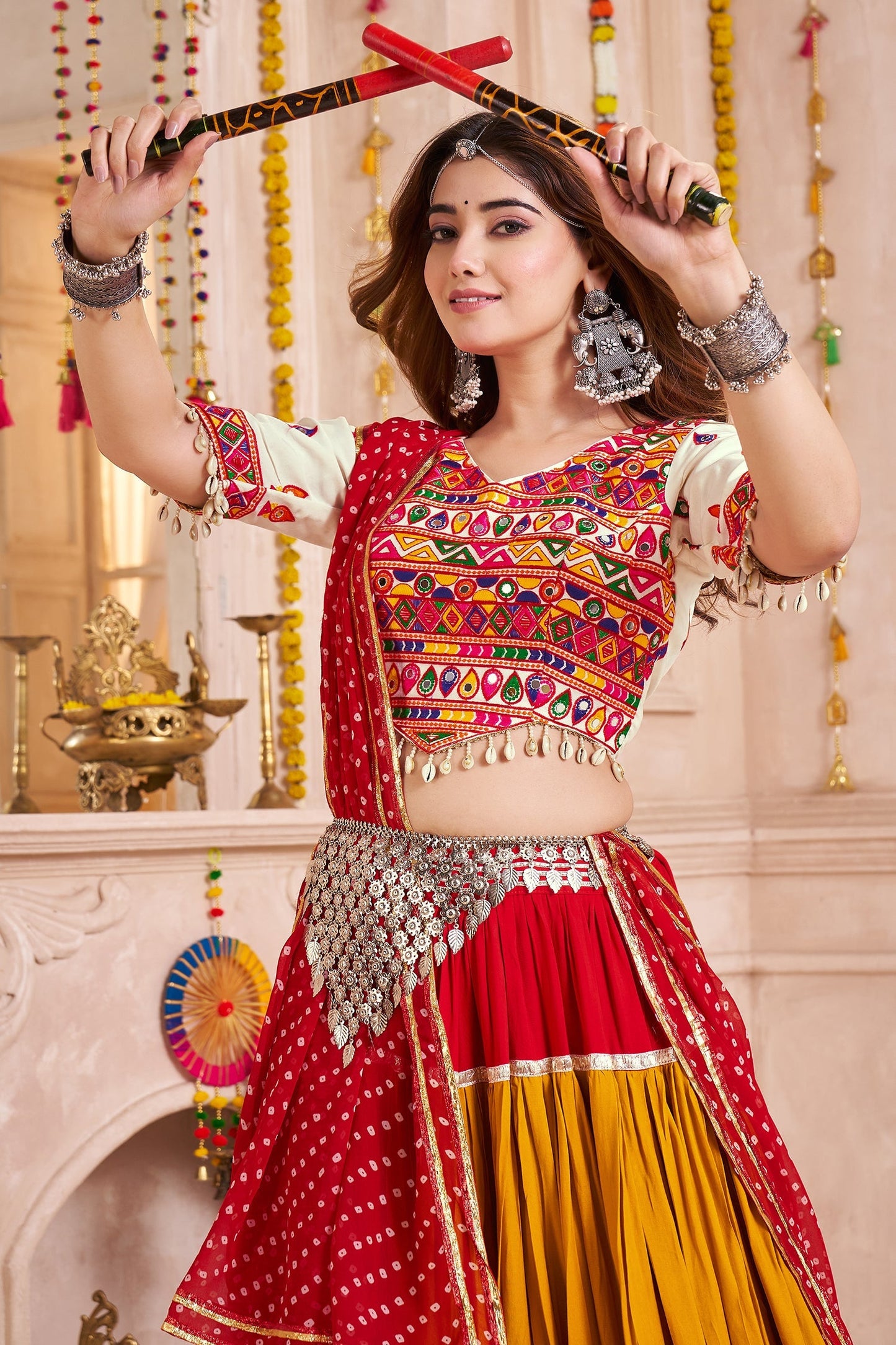 Multi Colored Viscose Cotton Flared Chaniya Choli with Lampi Border