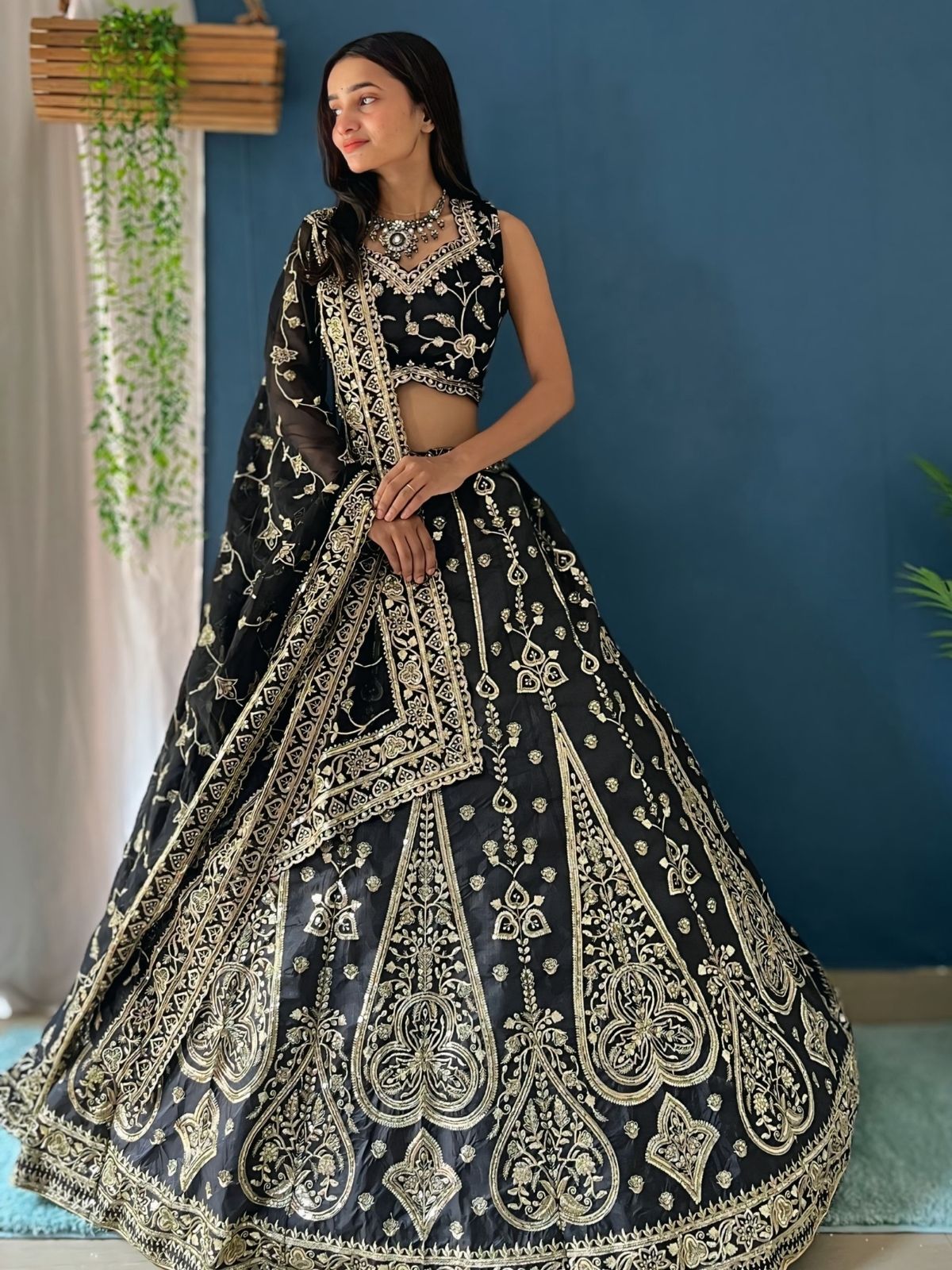 Odette Black Silk Blend Embroidered Semi-Stitched lehenga For Women