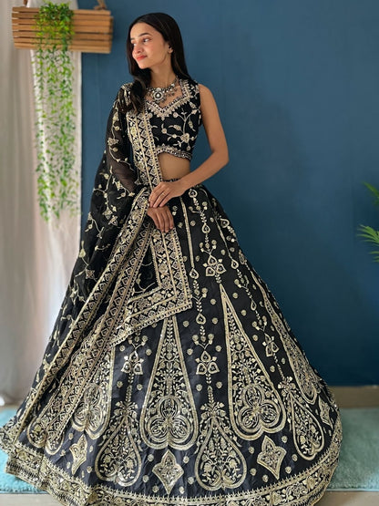 Odette Black Silk Blend Embroidered Semi-Stitched lehenga For Women