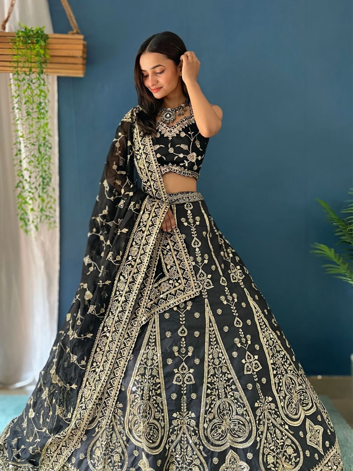 Odette Black Silk Blend Embroidered Semi-Stitched lehenga For Women