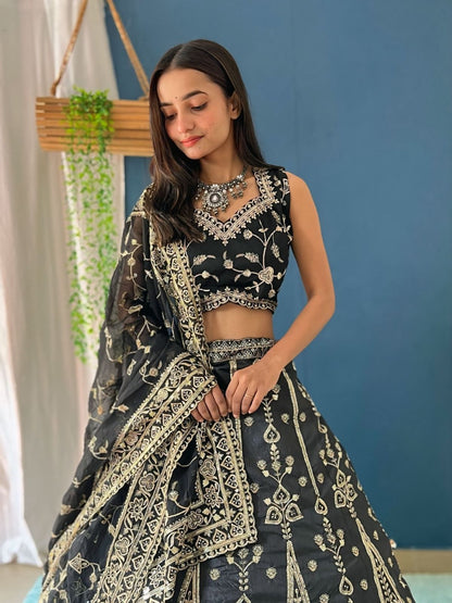 Odette Black Silk Blend Embroidered Semi-Stitched lehenga For Women