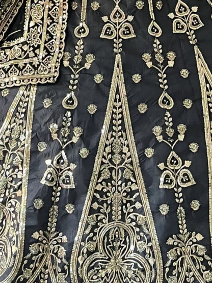 Odette Black Silk Blend Embroidered Semi-Stitched lehenga For Women