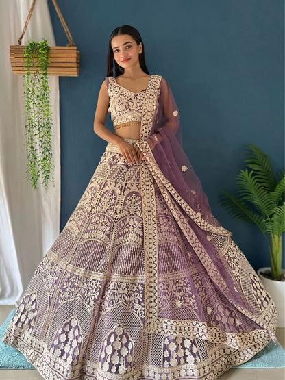 Odette Lavender Net Embellished Semi-Stitched lehenga For Women