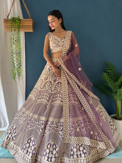 Odette Lavender Net Embellished Semi-Stitched lehenga For Women