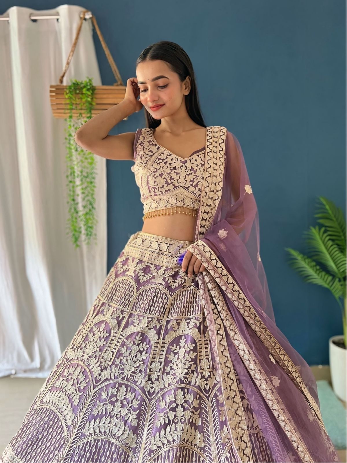 Odette Lavender Net Embellished Semi-Stitched lehenga For Women