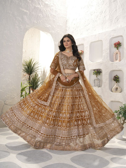 Odette Dark Mustard Net Embroidered Semi-Stitched lehenga For Women