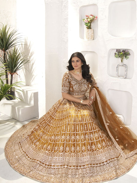 Odette Dark Mustard Net Embroidered Semi-Stitched lehenga For Women