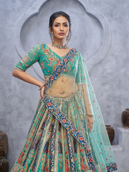 Odette Green Organza Embellished Semi-Stitched Lehenga With Unstitched Blouse For Women