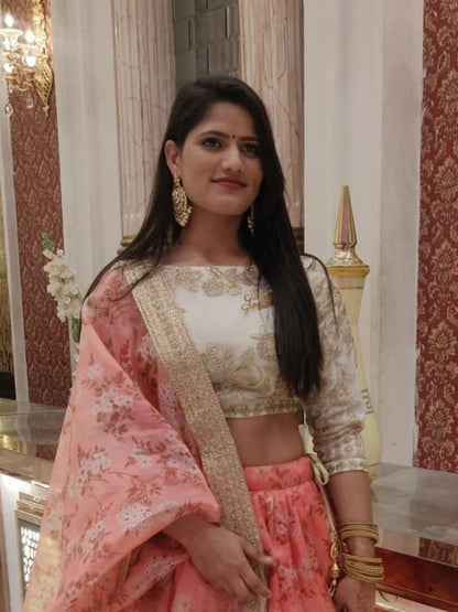 Odette Pink Organza Printed Semi-Stitched lehenga For Women