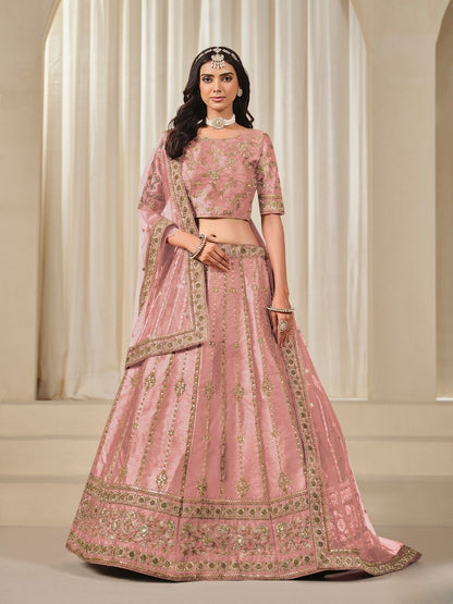 Odette Pink Art Silk Embroidered Semi-Stitched lehenga For Women