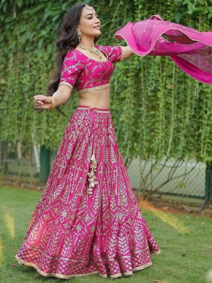 Odette Pink Silk Blend Embellished Semi-Stitched Lehenga For Women