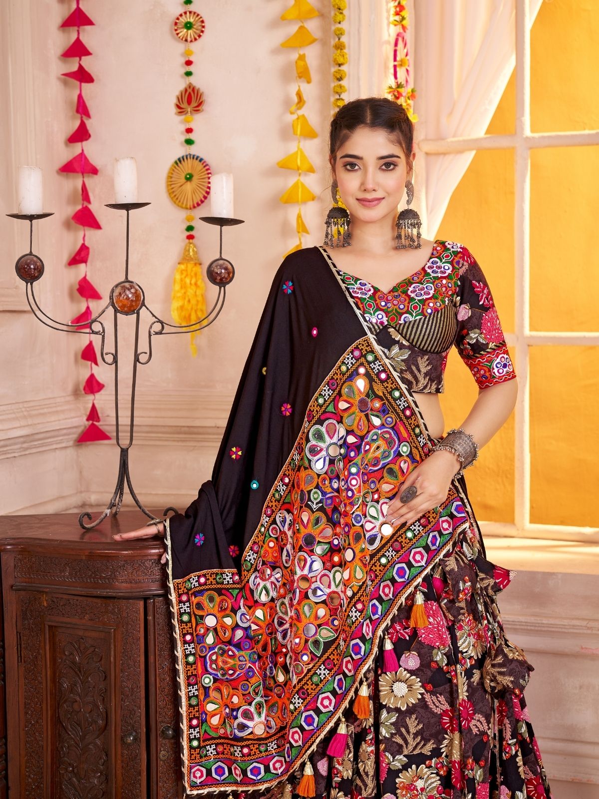 Odette Black Cotton Blend Embroidered Semi-Stitched Lehenga For Women