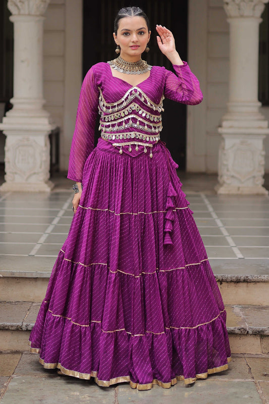 Purple Flared Georgette Chaniya Choli with Leheriya Print Work
