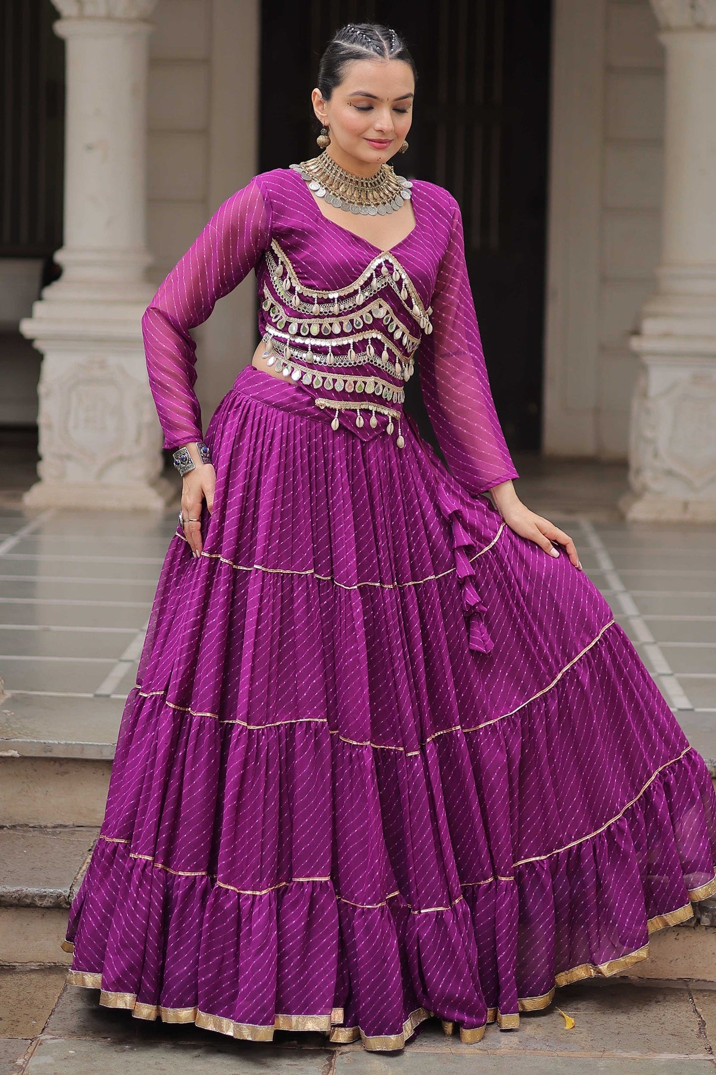 Purple Flared Georgette Chaniya Choli with Leheriya Print Work
