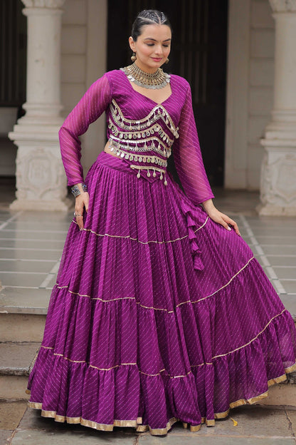 Purple Flared Georgette Chaniya Choli with Leheriya Print Work