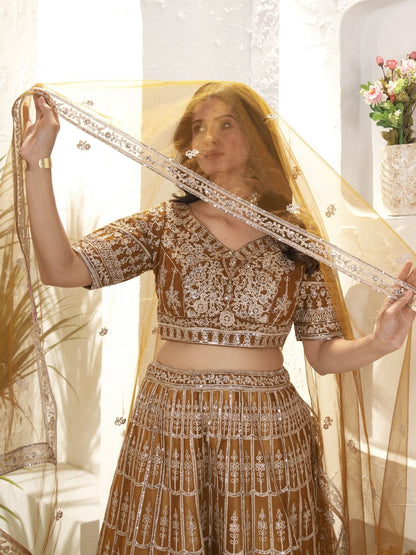 Odette Dark Mustard Net Embroidered Semi-Stitched lehenga For Women
