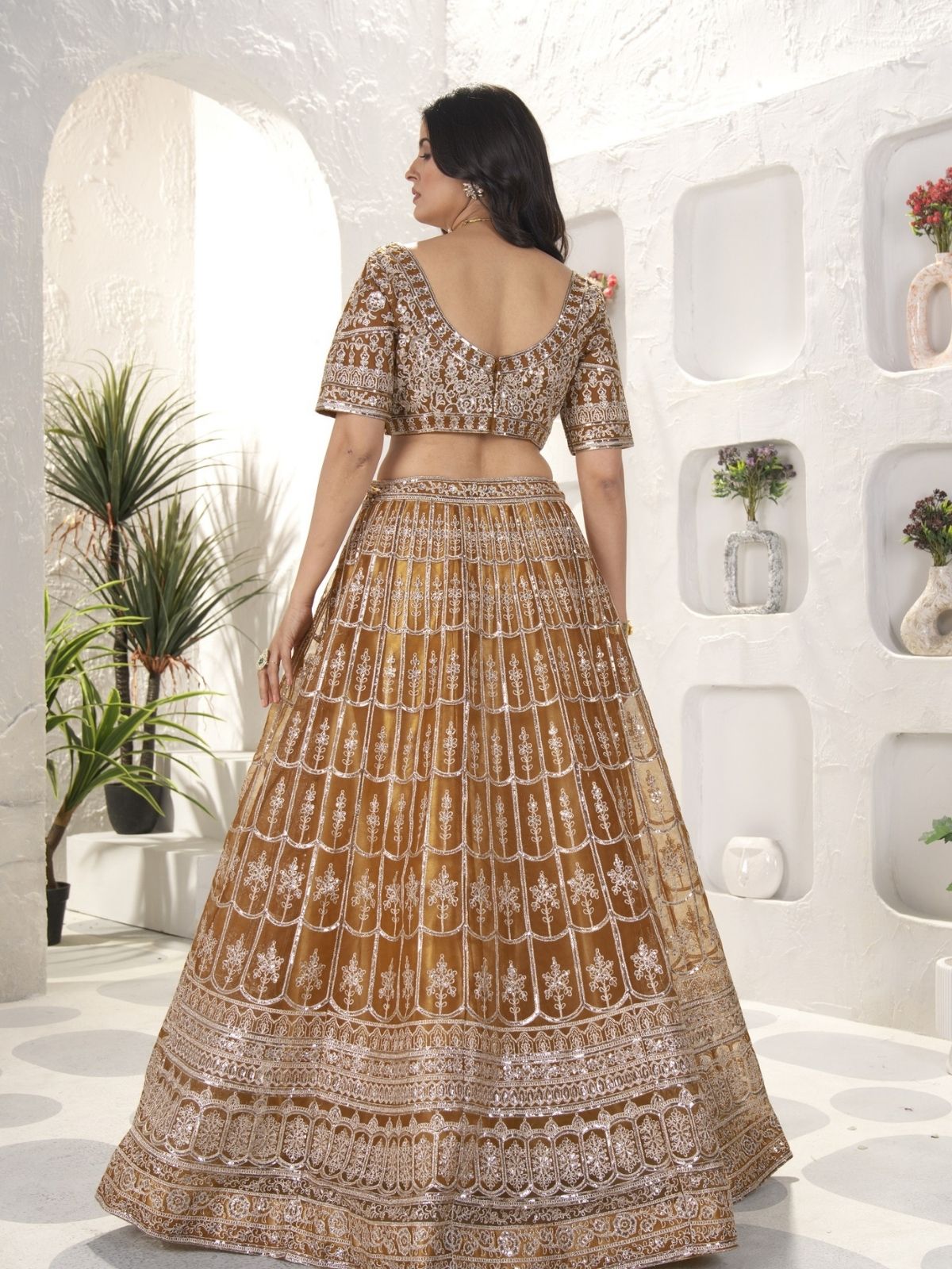 Odette Dark Mustard Net Embroidered Semi-Stitched lehenga For Women