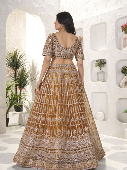 Odette Dark Mustard Net Embroidered Semi-Stitched lehenga For Women