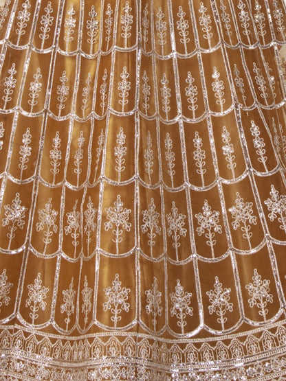 Odette Dark Mustard Net Embroidered Semi-Stitched lehenga For Women