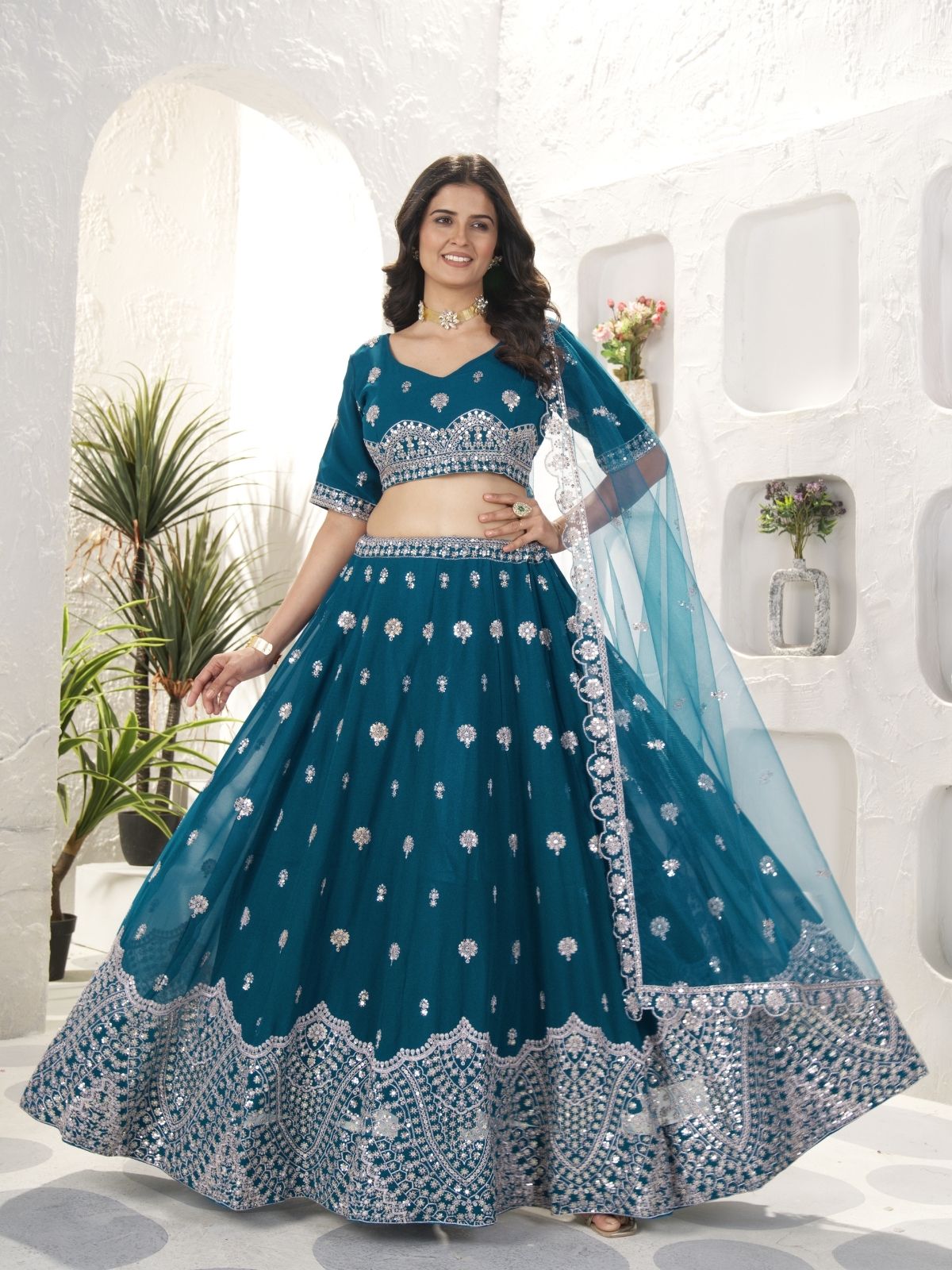 Odette Teal Georgette Embroidered Semi-Stitched lehenga For Women
