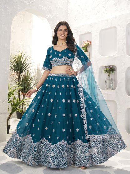 Odette Teal Georgette Embroidered Semi-Stitched lehenga For Women